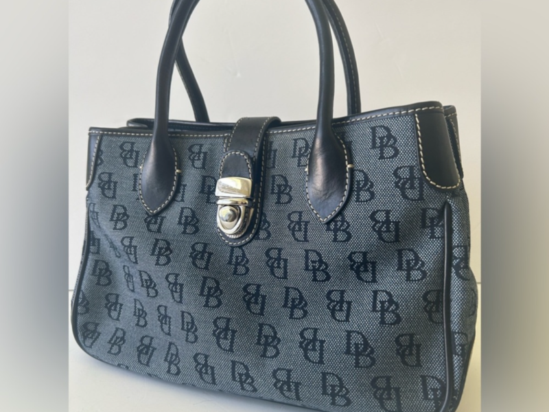 Dooney & Bourke hand bag Monogram black and blue Canvas Light pink inner lining
