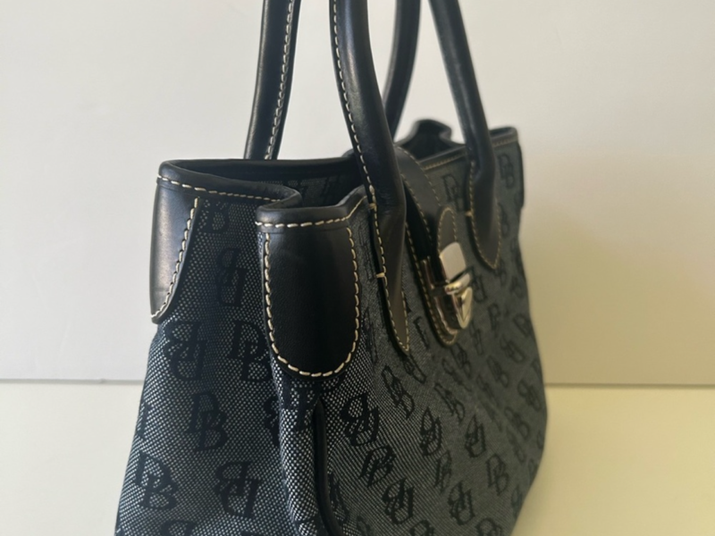 Dooney & Bourke hand bag Monogram black and blue Canvas Light pink inner lining