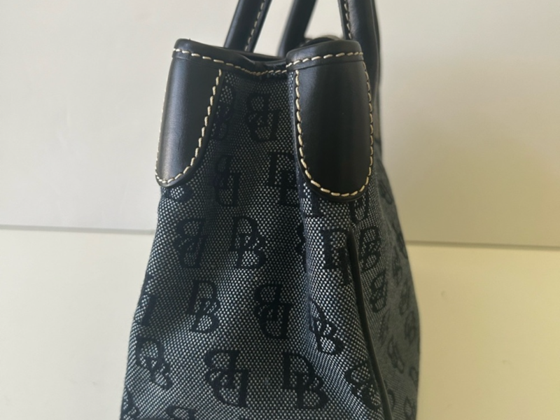 Dooney & Bourke hand bag Monogram black and blue Canvas Light pink inner lining
