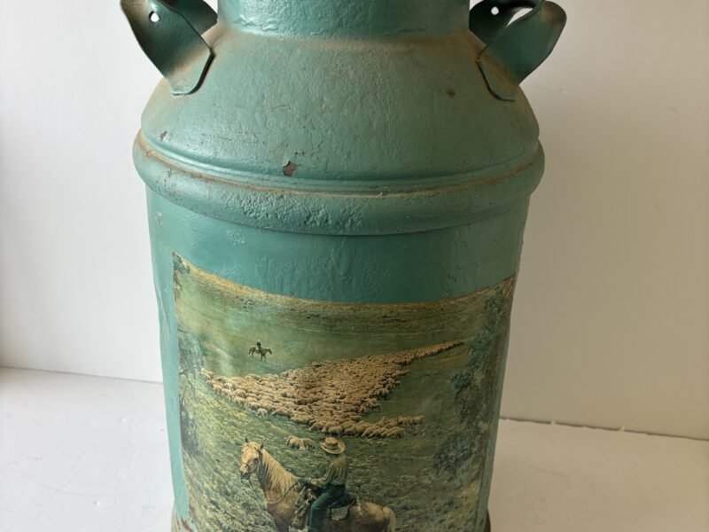 Antique Large 20" tall Milk Can painted green and pasted picture of sheep farm