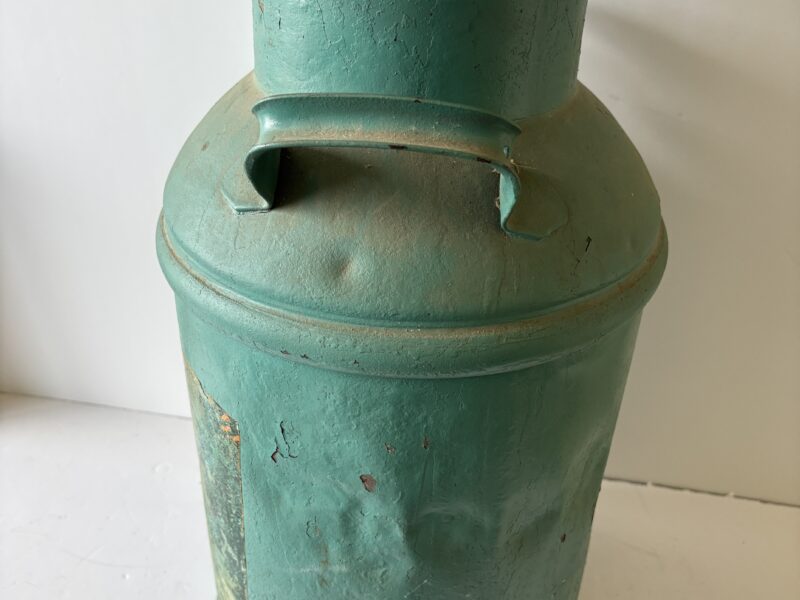 Antique Large 20" tall Milk Can painted green and pasted picture of sheep farm