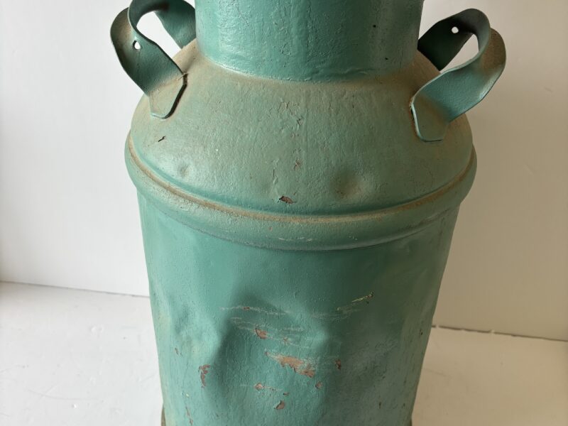 Antique Large 20" tall Milk Can painted green and pasted picture of sheep farm