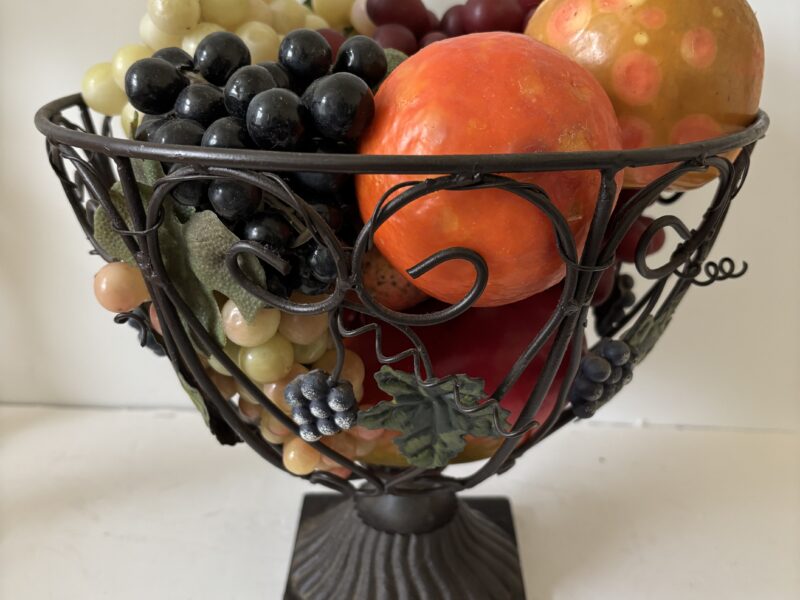 Wrought Iron scroll fruit basket tablescape with fake fruits