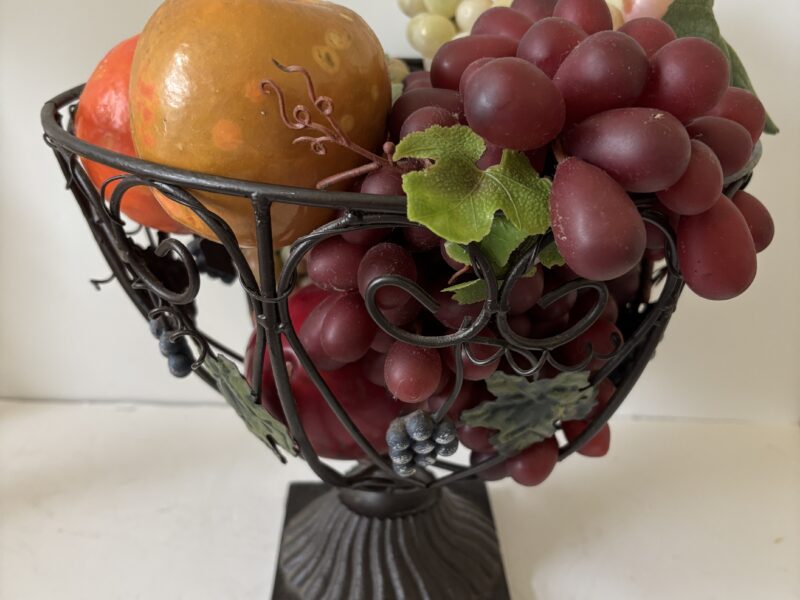 Wrought Iron scroll fruit basket tablescape with fake fruits