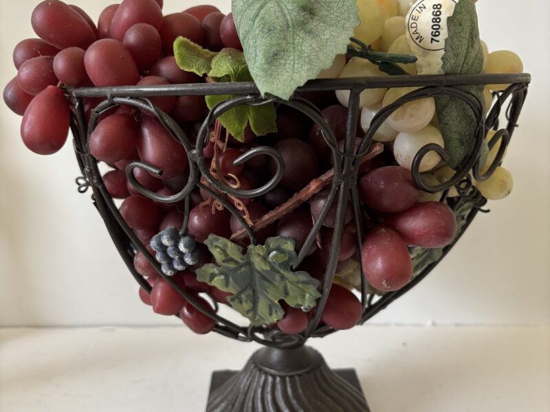 Wrought Iron scroll fruit basket tablescape with fake fruits