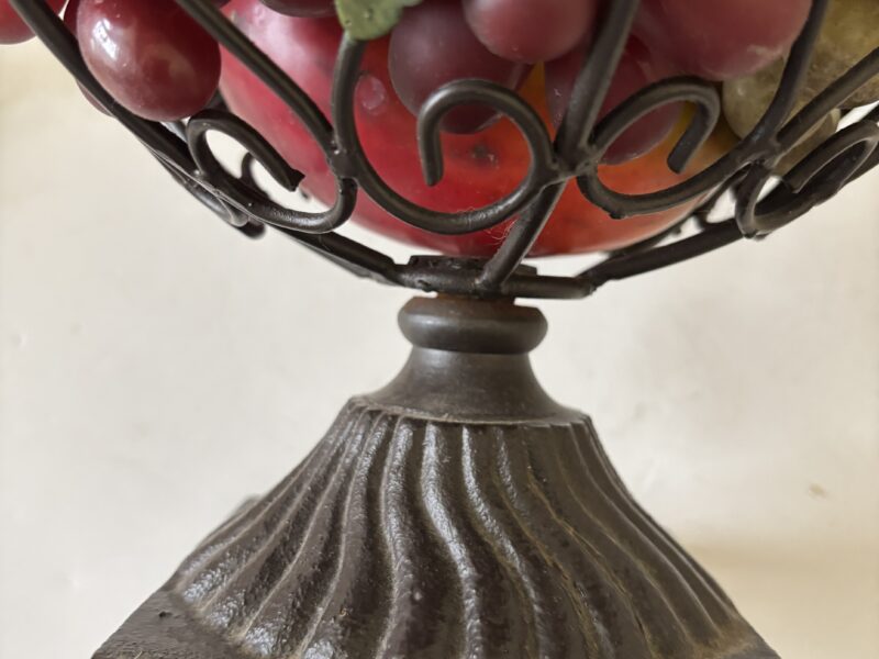 Wrought Iron scroll fruit basket tablescape with fake fruits