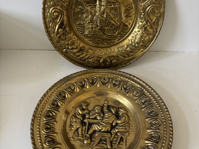 Pair of 12" English hammered brass decorative plates wall plaques discs