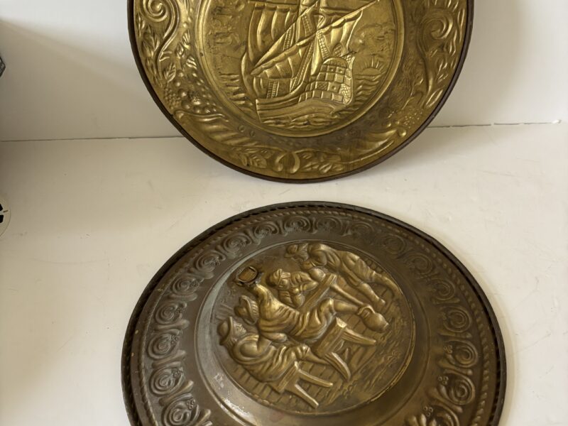 Pair of 12" English hammered brass decorative plates wall plaques discs