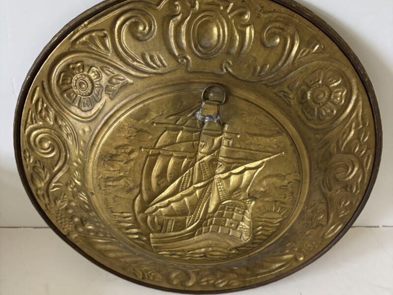 Pair of 12" English hammered brass decorative plates wall plaques discs