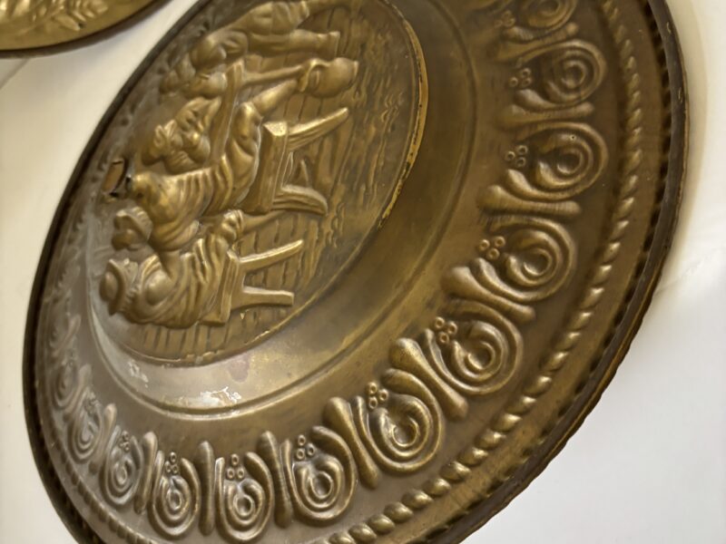 Pair of 12" English hammered brass decorative plates wall plaques discs