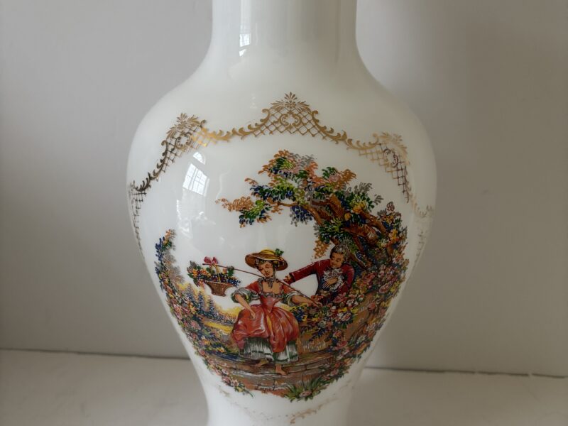 Vintage white Milk glass vase with gold trim and a courting scene