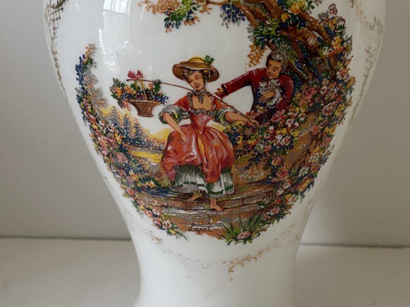 Vintage white Milk glass vase with gold trim and a courting scene