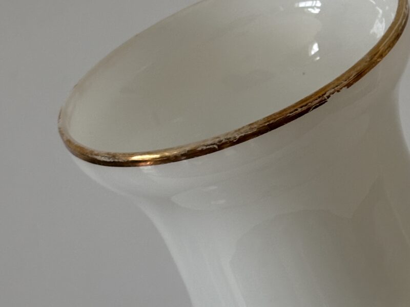 Vintage white Milk glass vase with gold trim and a courting scene
