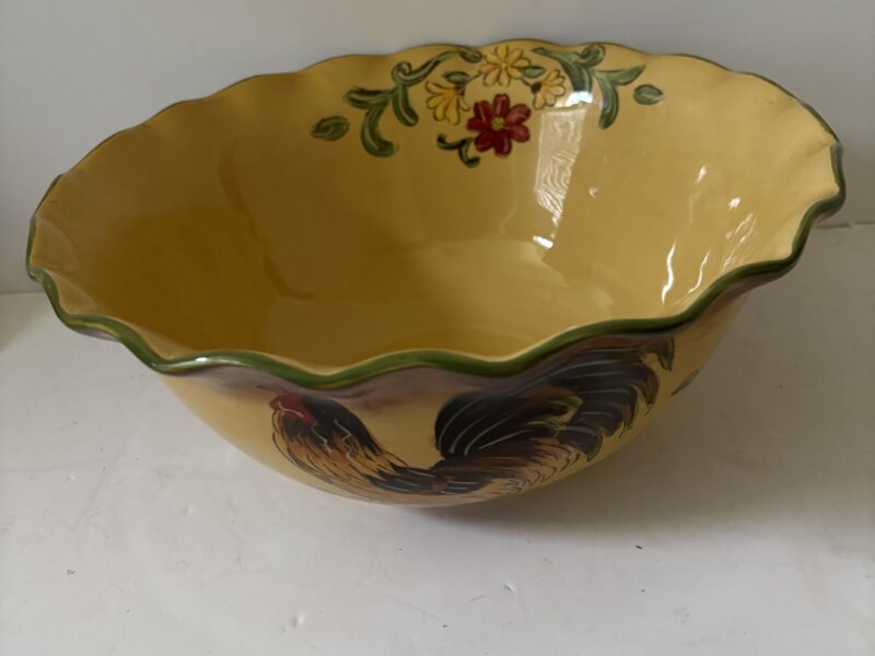 Large Honey Rooster Yellow Bowl with Floral accents