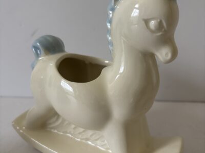 Vintage Haeger pottery white and blue rocking horse planter figurine