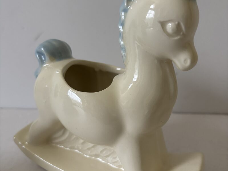 Vintage Haeger pottery white and blue rocking horse planter figurine