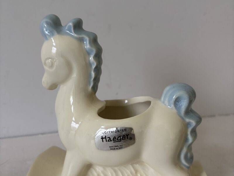 Vintage Haeger pottery white and blue rocking horse planter figurine