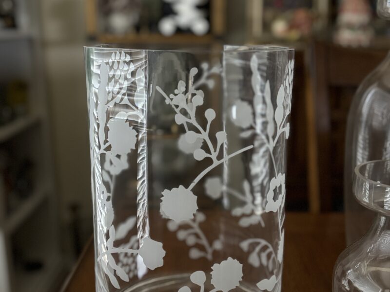 Large etched floral glass vase cylinder