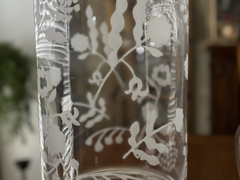 Large etched floral glass vase cylinder