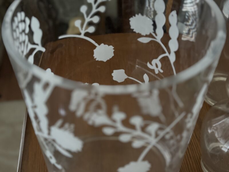 Large etched floral glass vase cylinder