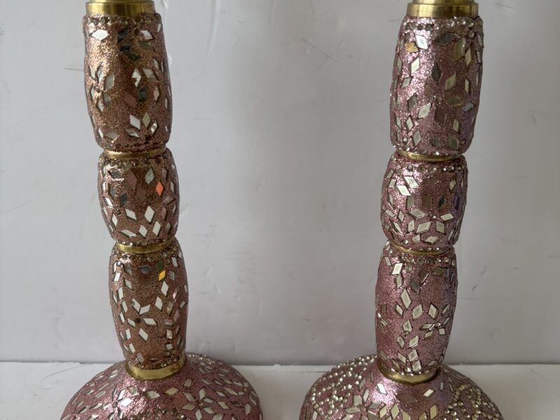 Pair of pinkish candles with glass inlay -for tapers