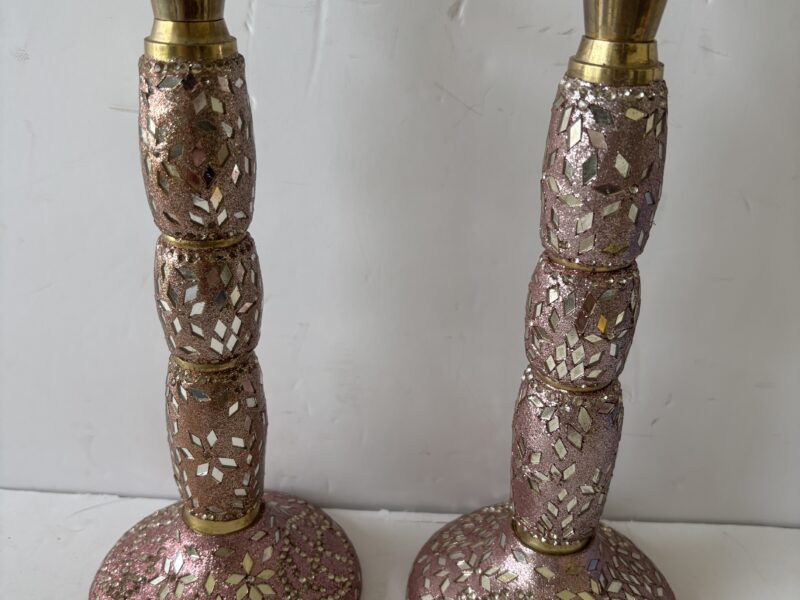 Pair of pinkish candles with glass inlay -for tapers