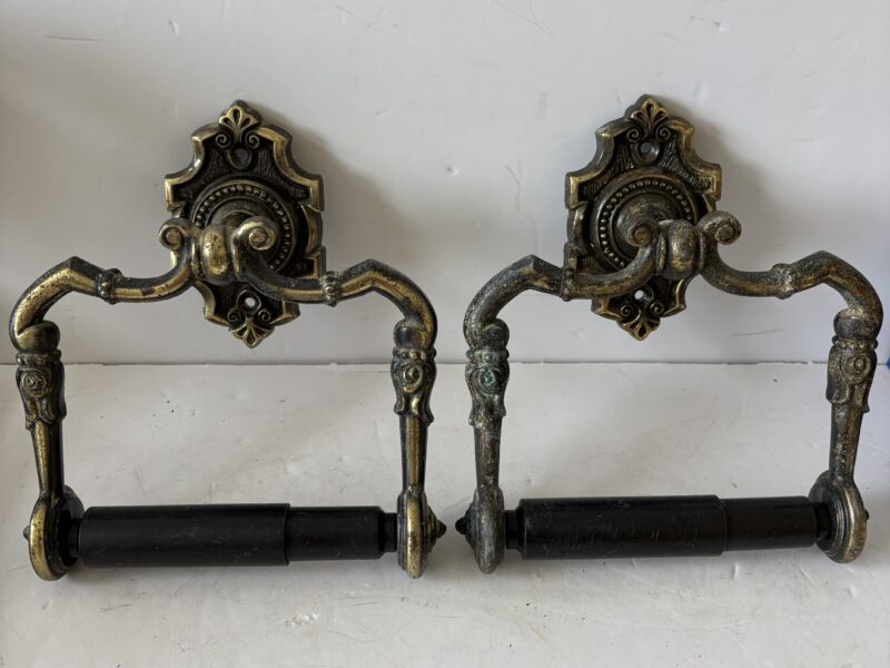 Pair of vintage MCM decorative brass toilet paper roll holder dispenser