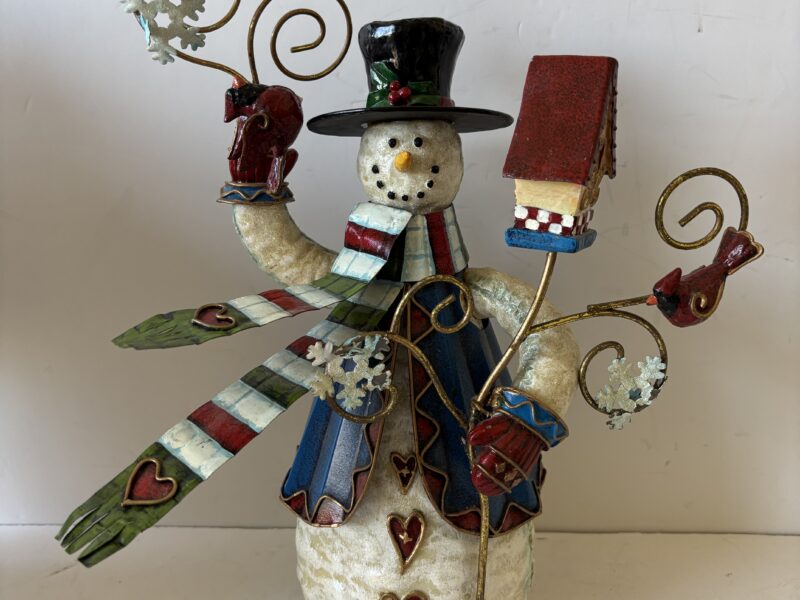 Vintage 14" tall metal holiday snowman bird lovers