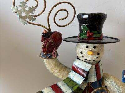 Vintage 14" tall metal holiday snowman bird lovers