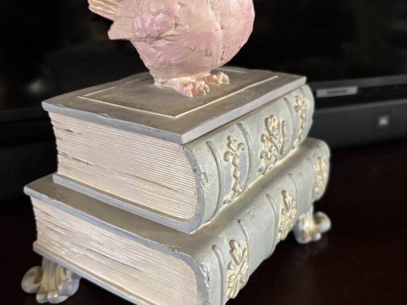 Vintage ceramic trinket box footed stacked book with sparrow on lid