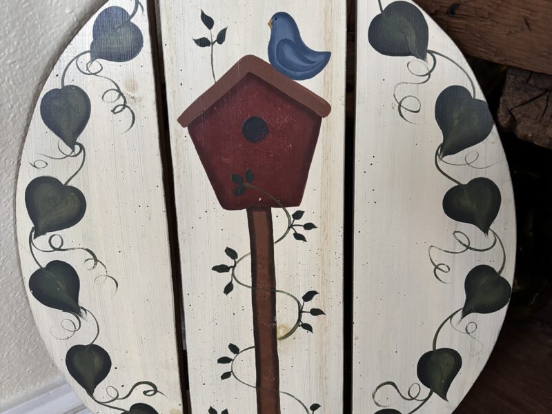 Project Starter piece oval ornate wooden panel painted bird and birdhouse