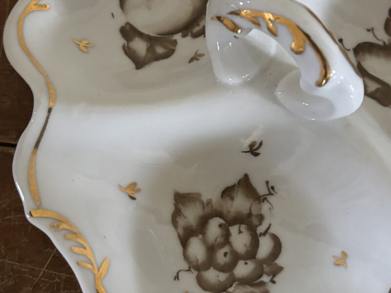 3-way split dish white porcelain with gold gilt and hand painted fruit