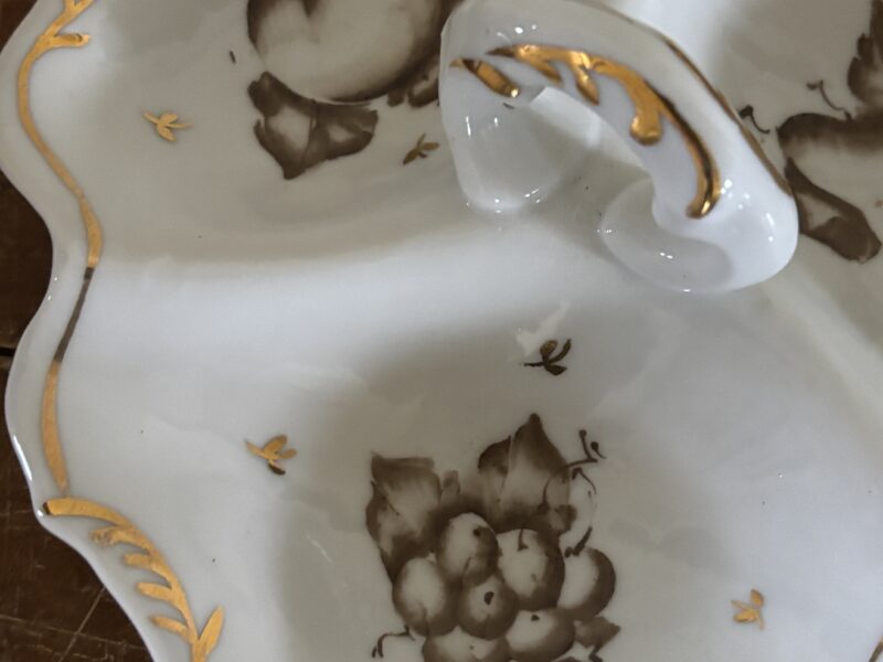 3-way split dish white porcelain with gold gilt and hand painted fruit