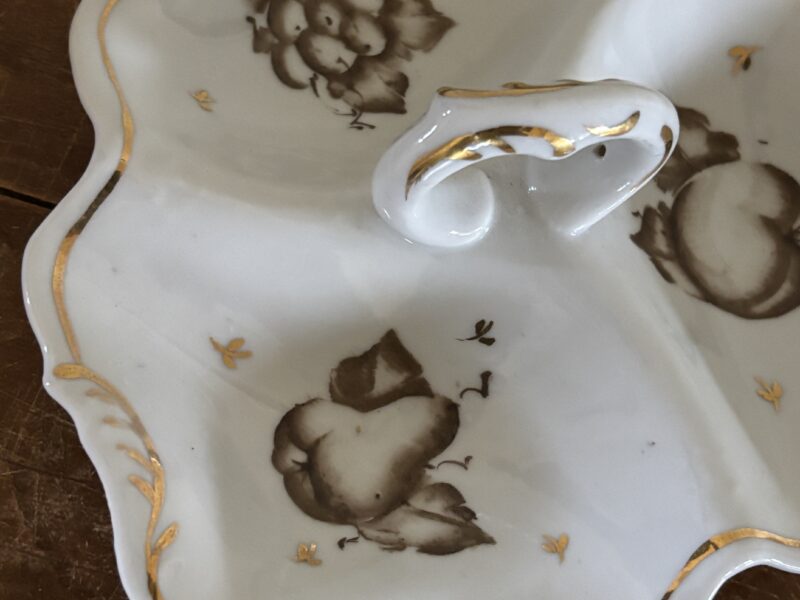 3-way split dish white porcelain with gold gilt and hand painted fruit
