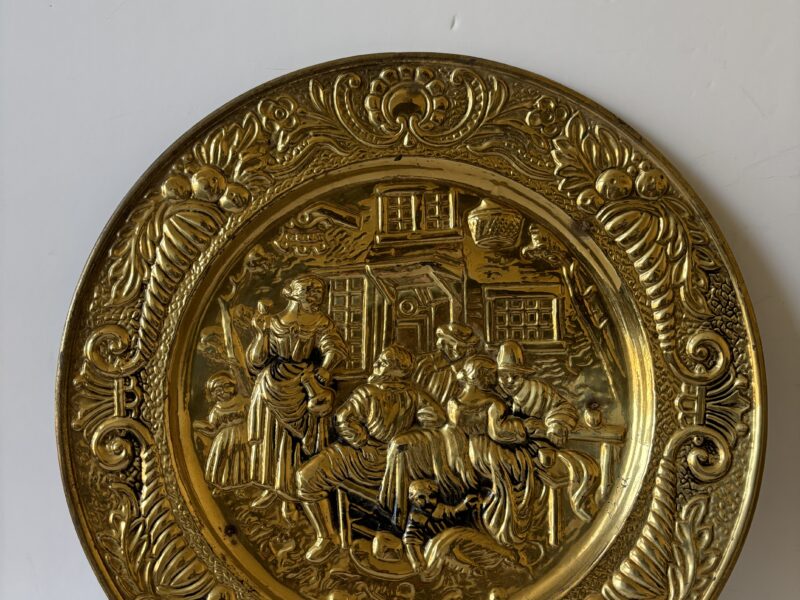 Vintage English Brass tavern scene hammered brass 14" decorative plate
