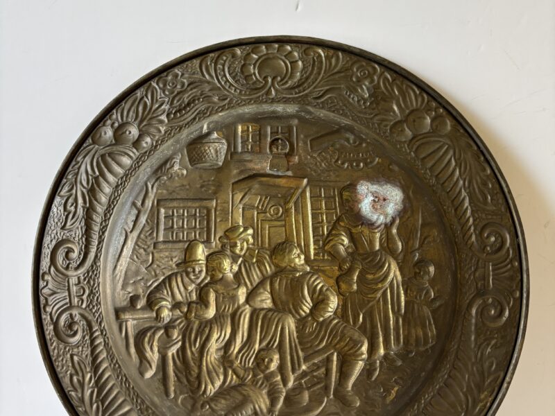 Vintage English Brass tavern scene hammered brass 14" decorative plate