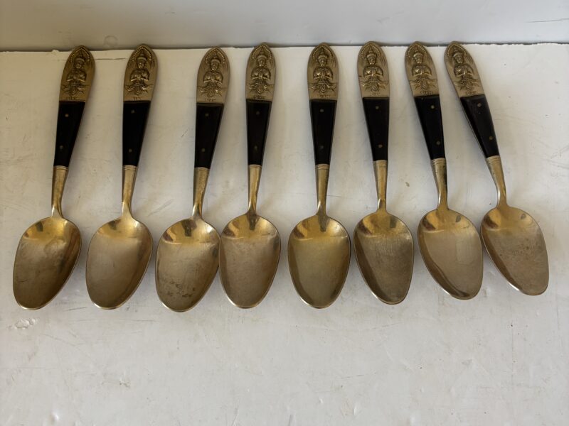 Set of 8 Siam Siddharta teaspoons brass and teakwood