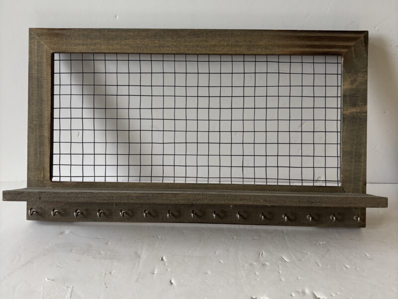 Wall Mount key or jewelry hanger wood frame with shelf and hooks