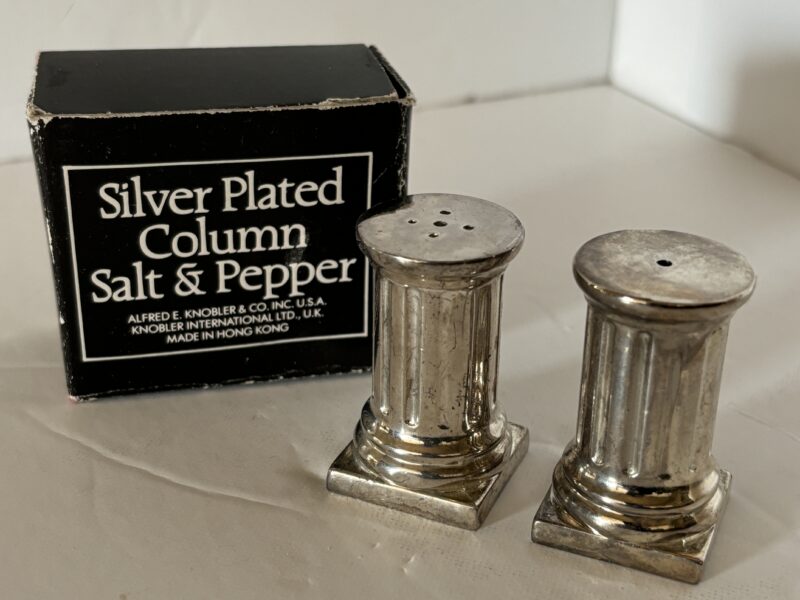 Alfred E Knobler Hongkong Silverplate column salt & pepper shakers in box
