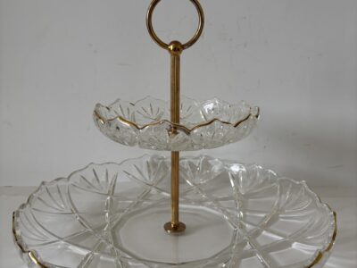Large cut glass tidbit with gold trim
