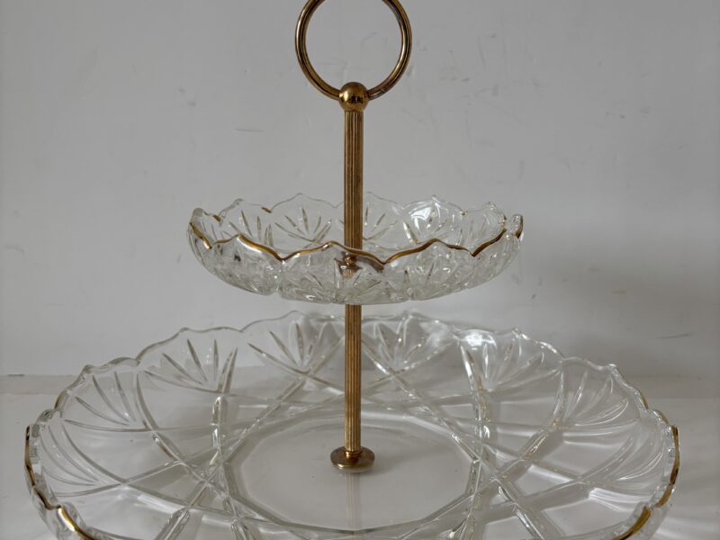 Large cut glass tidbit with gold trim