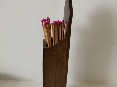 Wooden fireplace wall mount matchstick holder with brass eagle accent