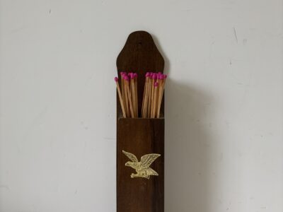Wooden fireplace wall mount matchstick holder with brass eagle accent