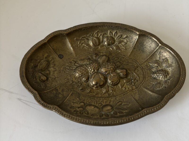 Vintage ornate oval brass mini tray fruit harvest theme coin dish?