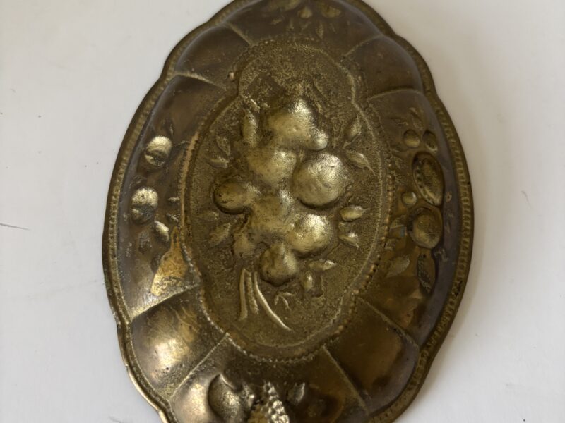 Vintage ornate oval brass mini tray fruit harvest theme coin dish?