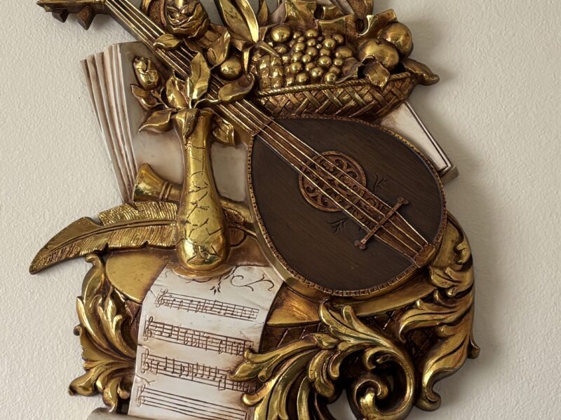 Vintage Musical decor Gold syroco plaque banjo with fruits and music