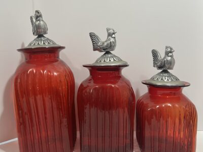 Set of 3 Ruby Red canisters with pewter rooster top
