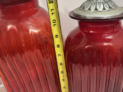 Set of 3 Ruby Red canisters with pewter rooster top
