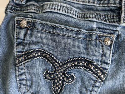 Rock Revival Blue Straight Leg Jeans with Distinctive Stitching