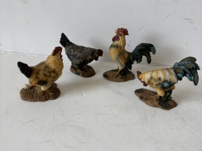 Lot of four small 3" ceramic chickens rooster hens collector figurine